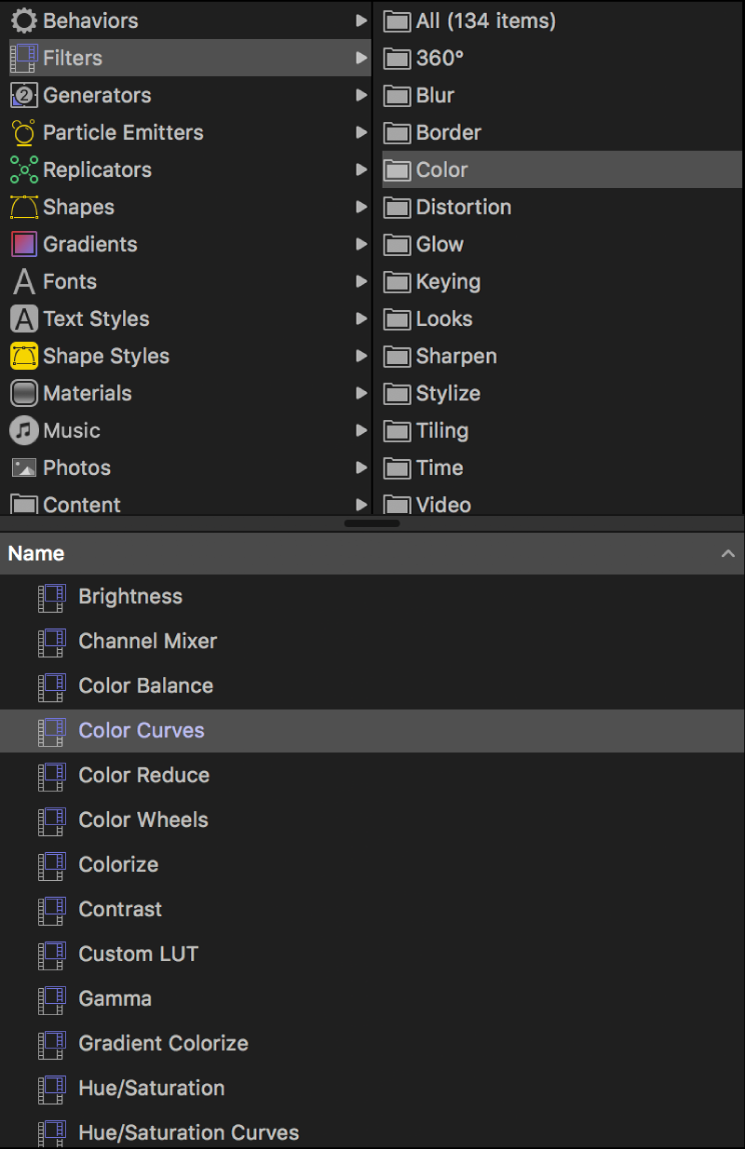 Categoría Color seleccionada en la biblioteca de filtros