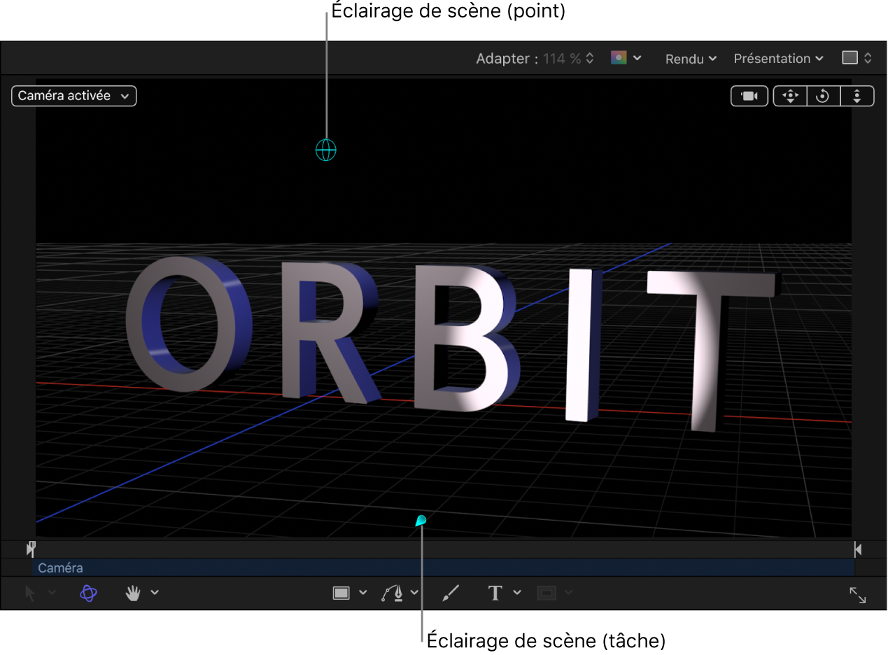 Canevas affichant un objet texte 3D avec une lumière de scène
