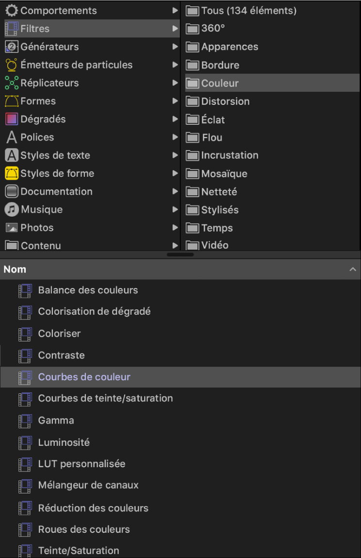 Catégorie de couleur sélectionnée dans la bibliothèque des filtres