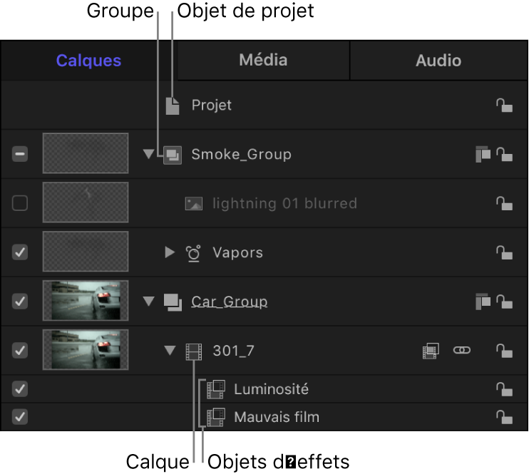 Fenêtre du projet affichant la liste Calques contenant l’objet de projet, les groupes, les calques et les objets d’effets