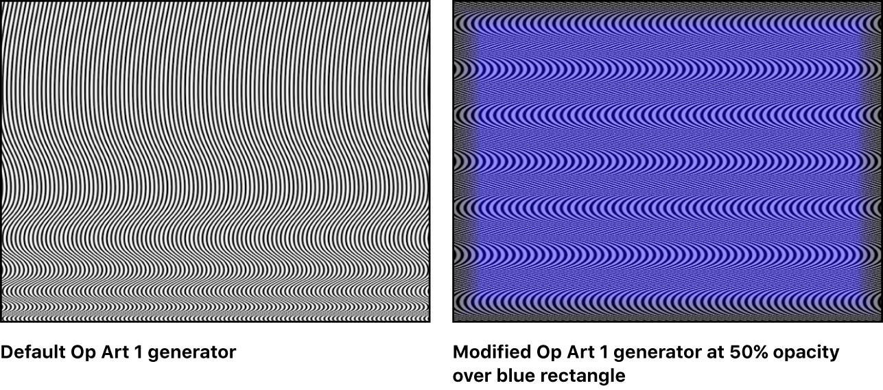 キャンバスに、「Op Art 1」ジェネレータが単独で、および青い矩形との組み合わせで表示されています