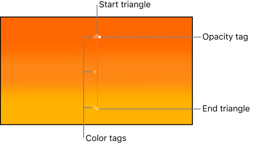 グラデーションのオンスクリーンコントロール。始点三角形、カラータグ、不透明度タグ、および終点三角形が表示されています
