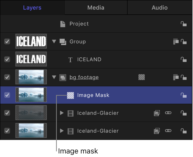 「レイヤー」リスト。イメージマスクが適用されているオブジェクトが表示されています