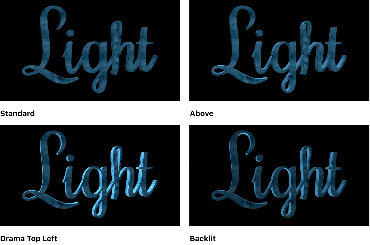 显示将“灯光样式”设定为“标准”、“上方”、“戏剧左上方”和“背面”的 3D 文本对象的画布