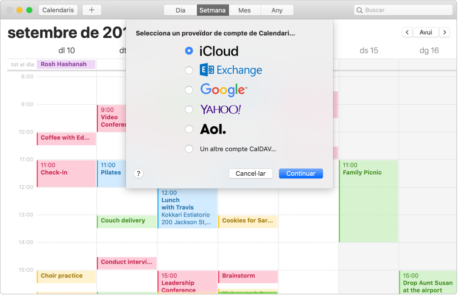 Finestra del Calendari amb el tauler “Afegir compte”.
