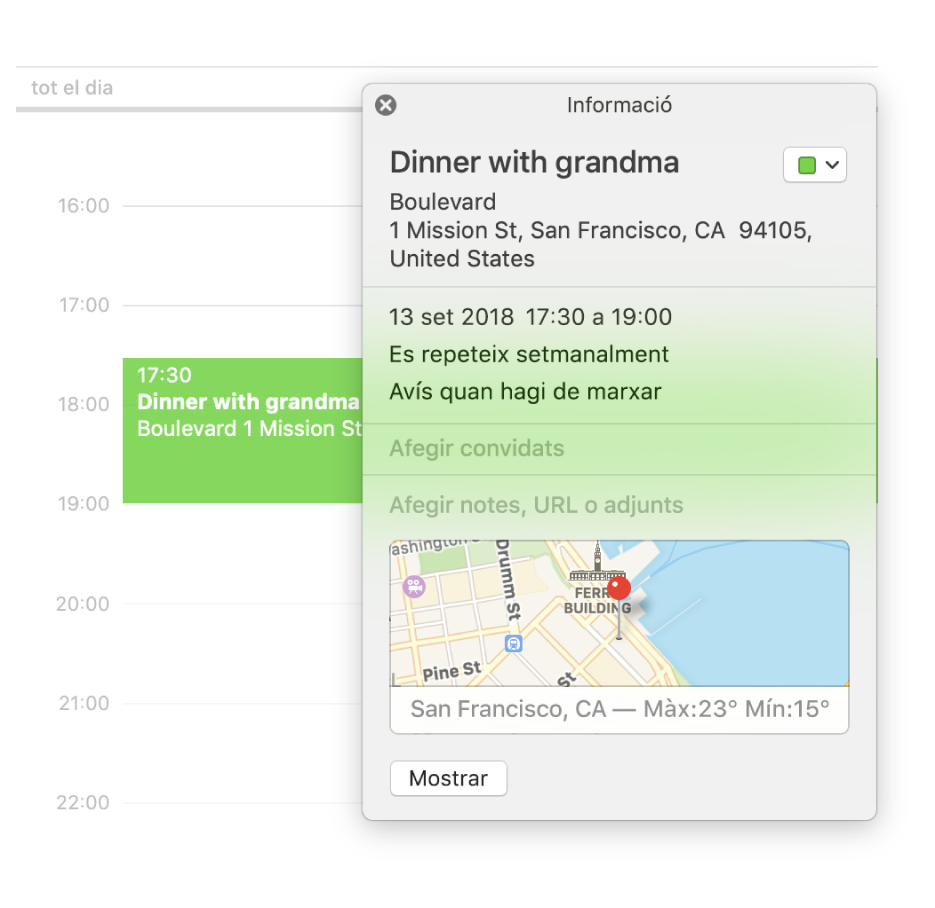 La finestra d’informació d’un esdeveniment que mostra el nom i l’adreça del lloc i un petit mapa.
