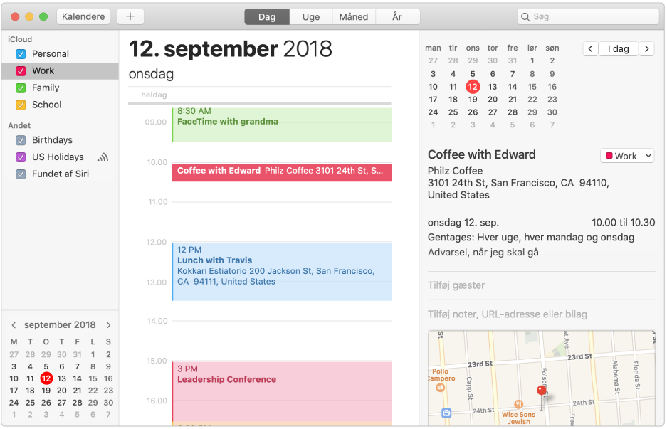 Et Kalendervindue i dagsoversigt viser farvekodede personlige kalendere, arbejds- og familiekalendere i indholdsfortegnelsen under overskriften iCloud-konto og en anden kalender under overskriften Exchange-konto.