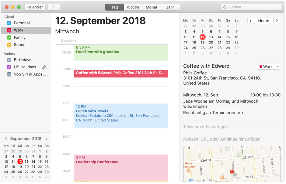 Ein Kalenderfenster in der Tagesansicht mit farbcodierten Privat-, Berufs- und Familienkalendern in der Seitenleiste unter der iCloud-Accountüberschrift und ein weiterer Kalender unter der Exchange-Accountüberschrift