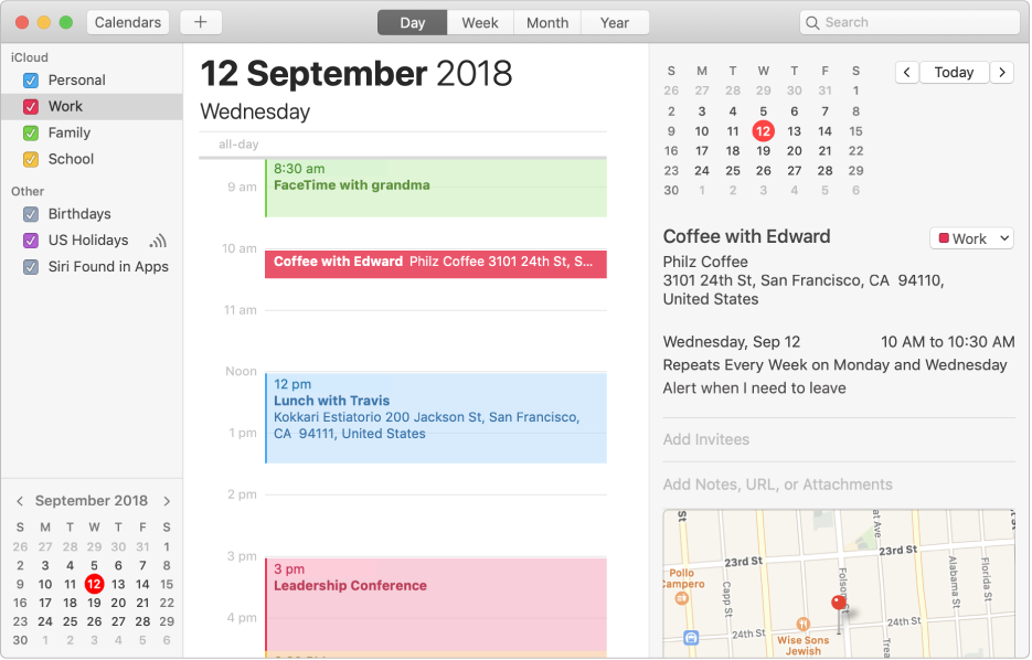 A Calendar window in Day view showing colour-coded personal, work and family calendars in the sidebar under the iCloud account heading and another calendar under the Exchange account heading.
