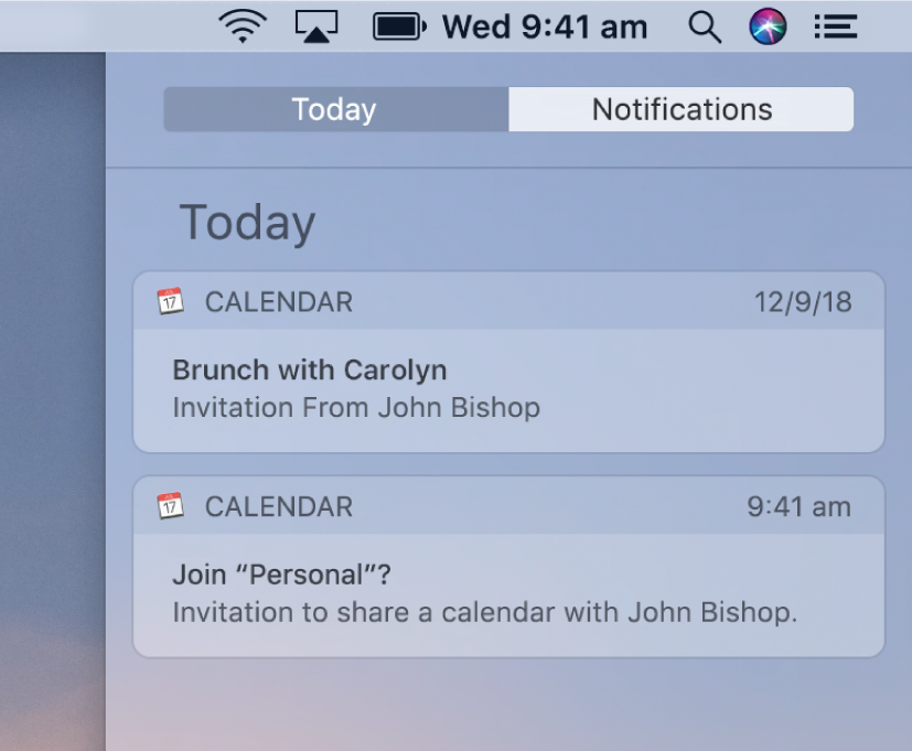 Calendar event notification and shared calendar notification in Notification Centre