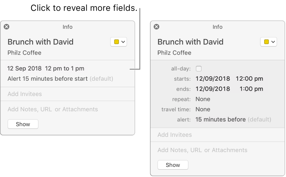 The image on the left shows an unexpanded Info window for an event. On the right, the Info window for the same event is expanded to show additional fields such as starts, ends, repeat and travel time.