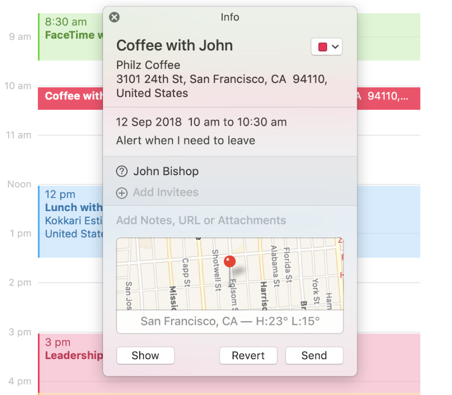The info window for an event.