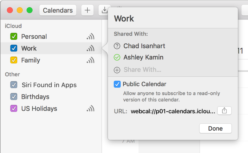 Sharing Settings window with two people invited to share and the Public Calendar option selected