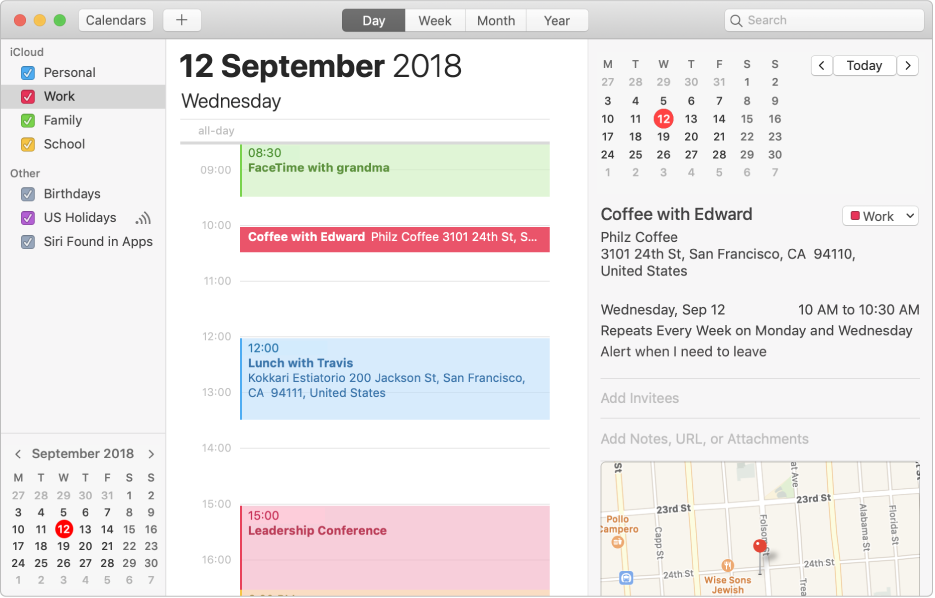 A Calendar window in Day view showing colour-coded personal, work and family calendars in the sidebar under the iCloud account heading and another calendar under the Exchange account heading.