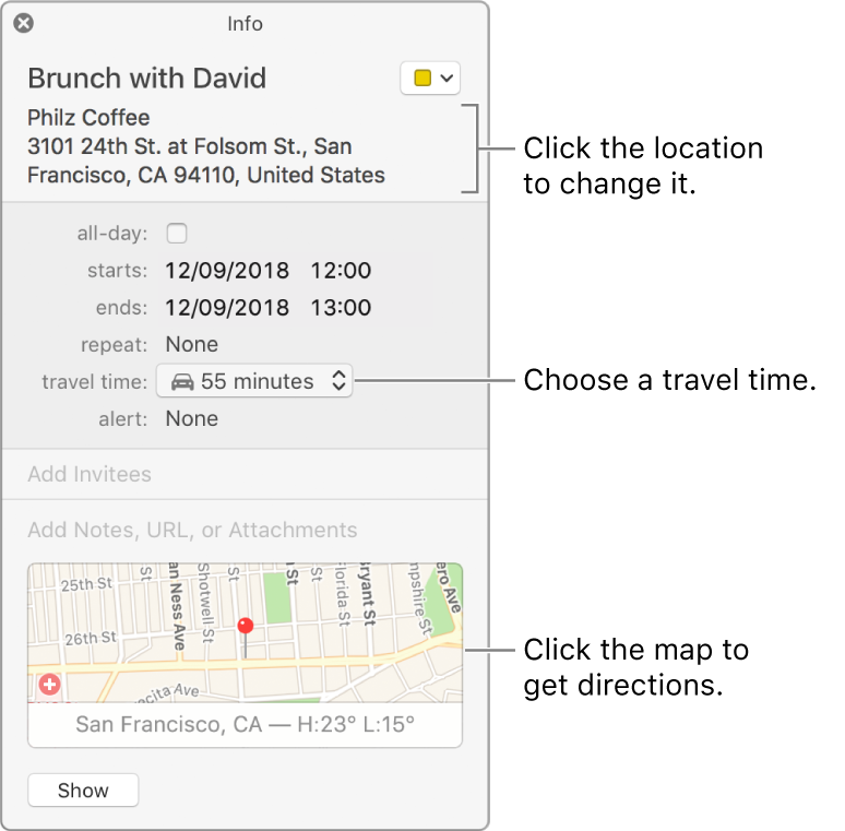 Info window for an event, with the pointer over the Travel Time pop-up menu. Choose a travel time from the pop-up menu. Click the location to change it. Click the map to get directions