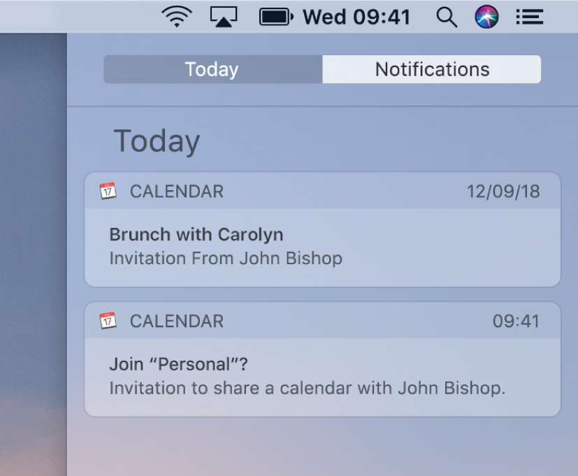 Calendar event notification and shared calendar notification in Notification Center