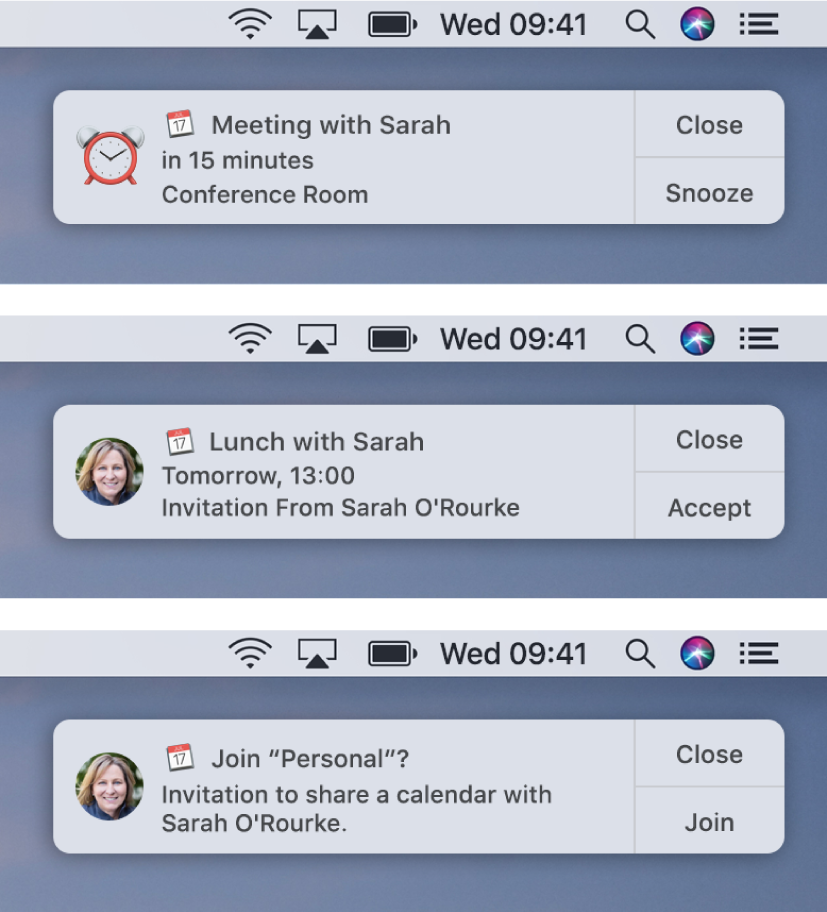 Notification alerts for Calendar invitations have buttons on the right: Close and Accept or Close and View for an event, and Close and Join for a shared calendar