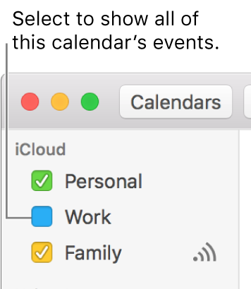 Select a calendar’s tickbox to show all its events