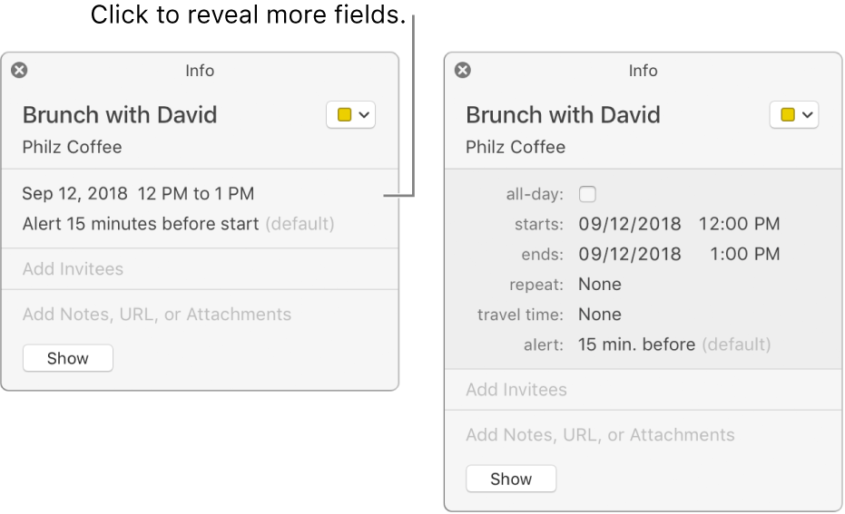 The image on the left shows an unexpanded Info window for an event. On the right, the Info window for the same event is expanded to show additional fields, such as starts, ends, repeat, and travel time.