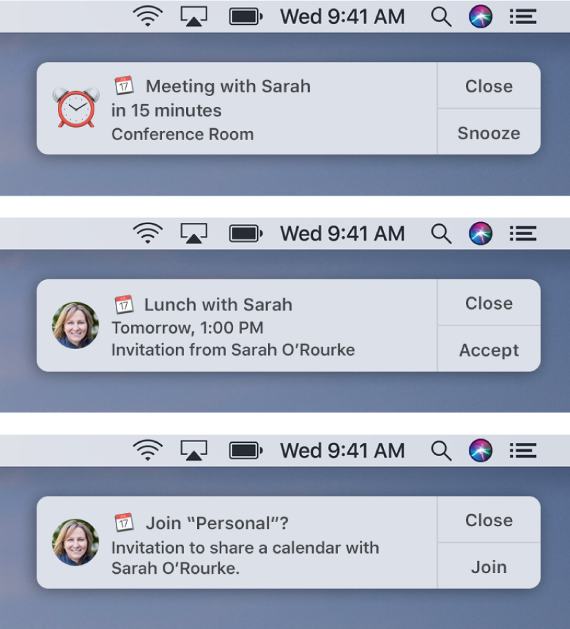 Notification alerts for Calendar invitations have buttons on the right: Close and Accept or Close and View for an event, and Close and Join for a shared calendar