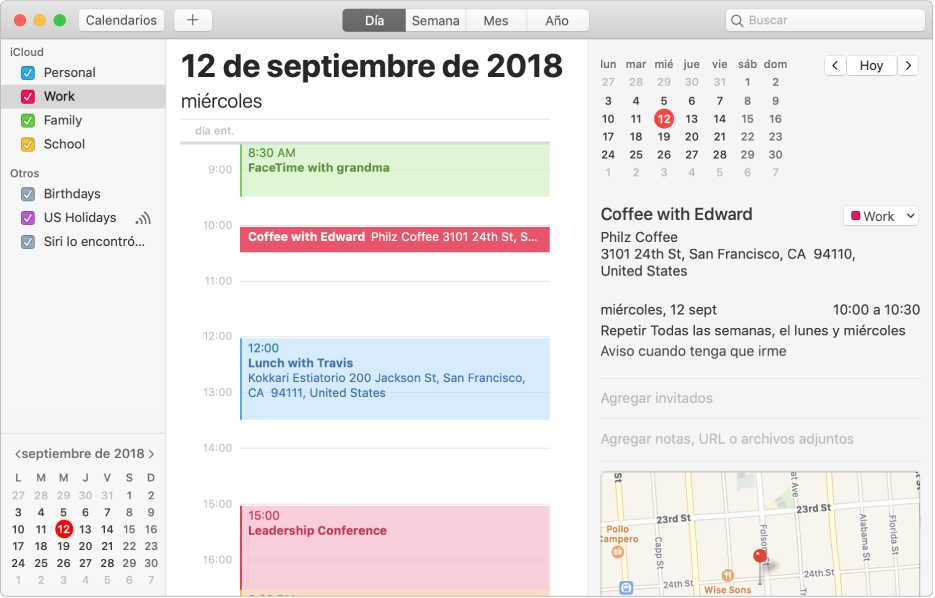 Una ventana de Calendario en la vista por día mostrando calendarios familiar, personal y de trabajo codificados por color en la barra lateral en la sección de la cuenta iCloud y otro calendario en la sección de la cuenta Exchange.