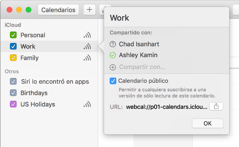 La ventana “Configuración de compartir” con dos personas invitadas para compartir, y la opción “Calendario público” seleccionada