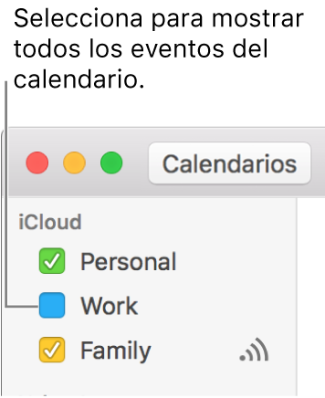 Selecciona la casilla de selección de un calendario para mostrar todos sus eventos