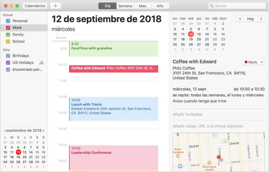 Una ventana de Calendario en la vista Día donde se muestran los calendarios personal, de trabajo y familiar con códigos de colores en la barra lateral bajo la cabecera de la cuenta de iCloud y otro calendario bajo la cabecera de la cuenta de Exchange.