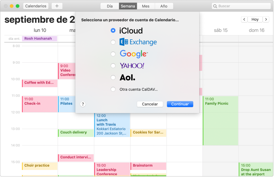 Una ventana de Calendario con el panel “Añadir cuenta”.