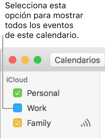 Selecciona la casilla de un calendario para mostrar todos sus eventos