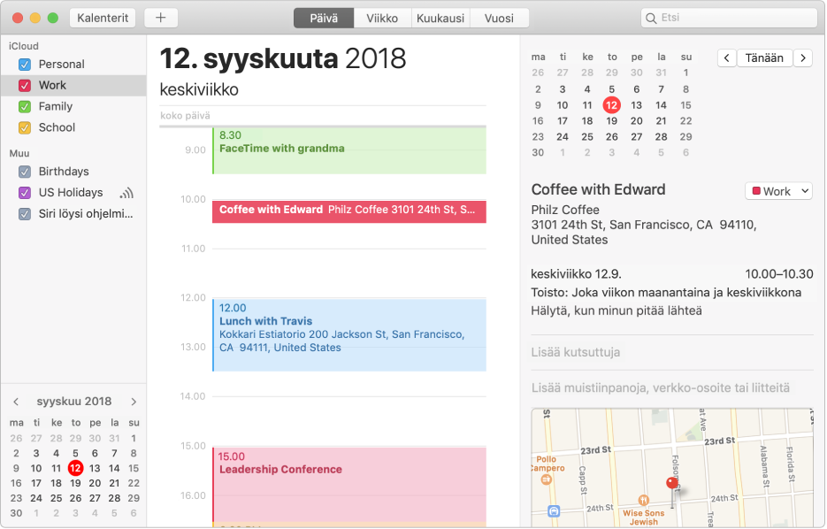 Kalenteri-ikkunan päivänäkymä, jossa näkyy sivupalkissa iCloud-tili-otsikon alla värikoodatut henkilökohtainen kalenteri sekä työ- ja perhekalenterit ja toinen kalenteri Exchange-tili-otsikon alla.