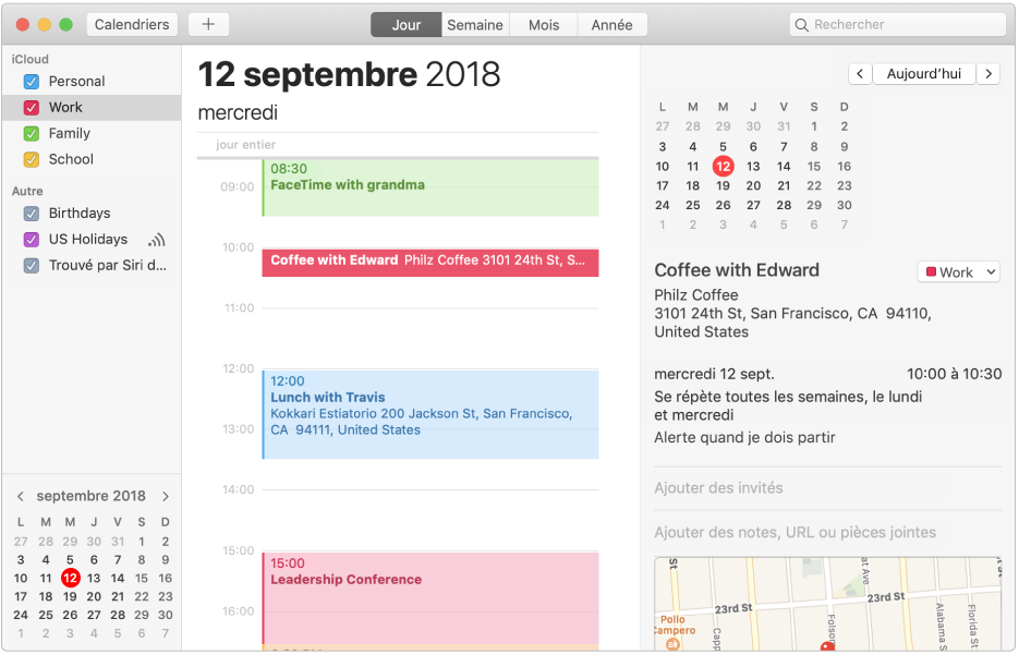 Une fenêtre Calendrier en présentation Journée affichant dans la barre latérale des calendriers personnels, professionnels et familiaux auxquels est appliqué un code couleur sous l’en-tête du compte iCloud, et un autre calendrier sous l’en-tête du compte Exchange.