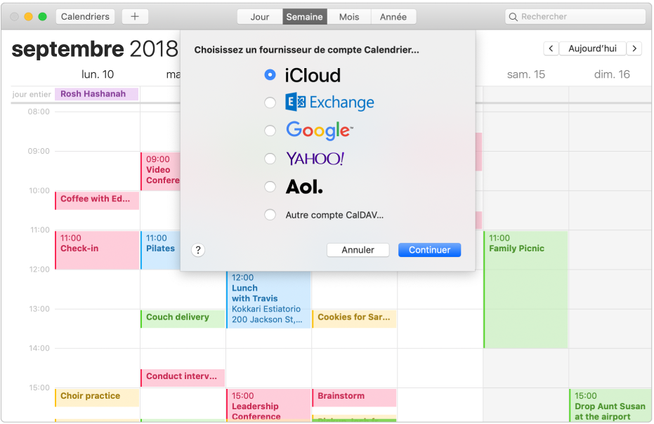 Une fenêtre Calendrier affichant la sous-fenêtre Ajouter un compte.