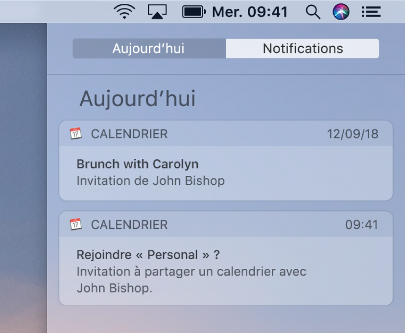 Notification d’événement de calendrier et de calendrier partagé dans le Centre de notifications