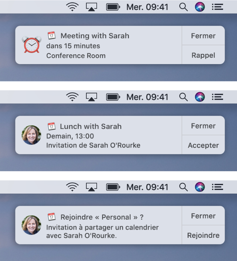 Les alertes de notifications correspondant à des invitations Calendrier disposent de boutons sur la droite : Fermer et Accepter ou Fermer et Afficher pour un événement, et Fermer ou Rejoindre pour un calendrier partagé