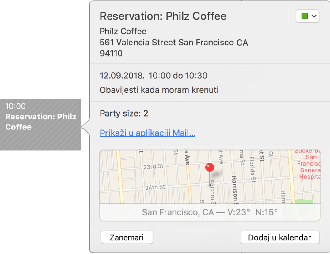 Prozor događaja Kalendara za događaj koji se nalazi u aplikaciji, poput Maila.
