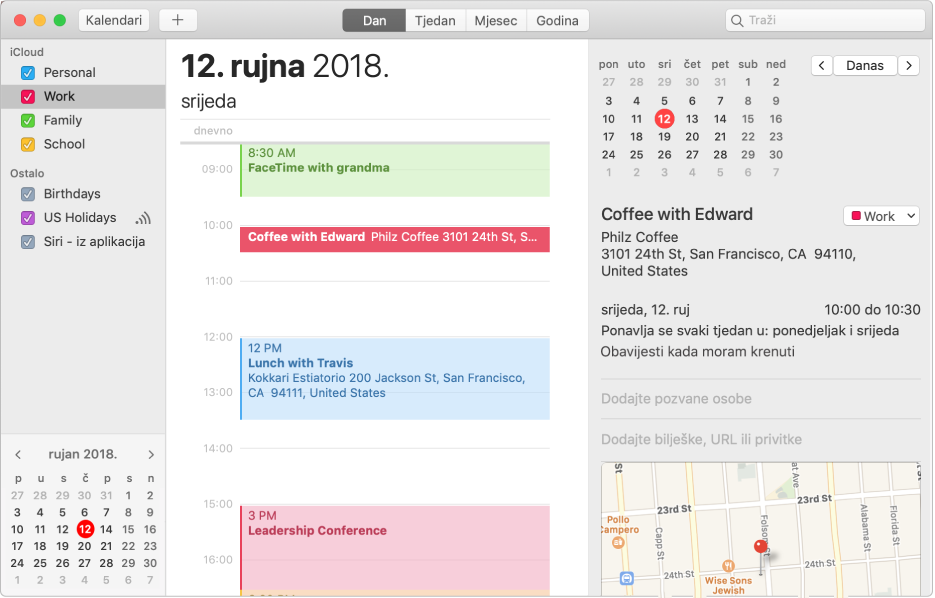 Prozor Kalendar u dnevnom prikazu koji prikazuje događaje kodirane bojom za osobne, poslovne i obiteljske kalendare u rubnom stupcu pod naslovom računa iClouda i drugi račun pod naslovom Exchange računa.
