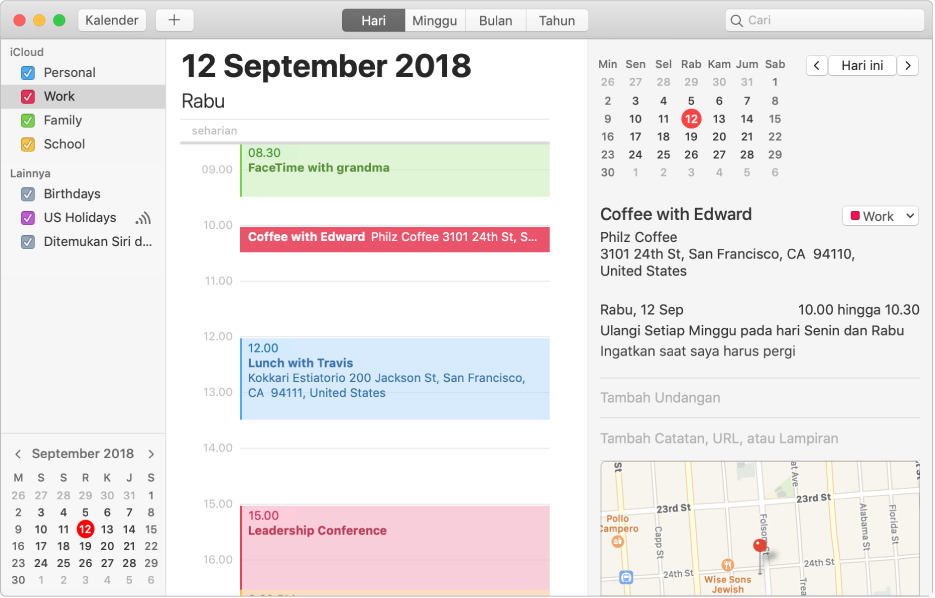 Jendela Kalender dalam tampilan Hari menampilkan kalender pribadi, kantor, dan keluarga yang diberi kode warna di bar samping di bawah heading akun iCloud dan kalender lain di bawah heading akun Exchange.