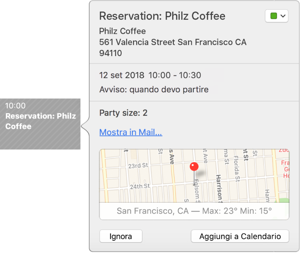 La finestra di un evento di Calendario per un evento trovato in un'app, ad esempio Mail.