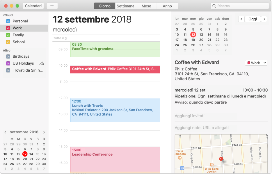 Una finestra di Calendario nella vista Giorno, che mostra i calendari personale, lavoro e famiglia ognuno di un colore diverso, nella barra laterale, sotto l’intestazione dell’account iCloud e un altro calendario sotto l’intestazione dell’account Exchange.