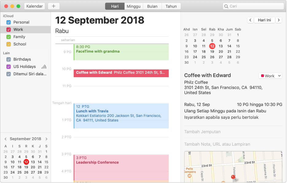 Tetingkap Kalendar dalam paparan Hari menunjukkan kalendar peribadi, kerja dan keluarga dikod warna di bar tepi di bawah pengepala akaun iCloud and kalendar lain di bawah pengepala akaun Exchange.