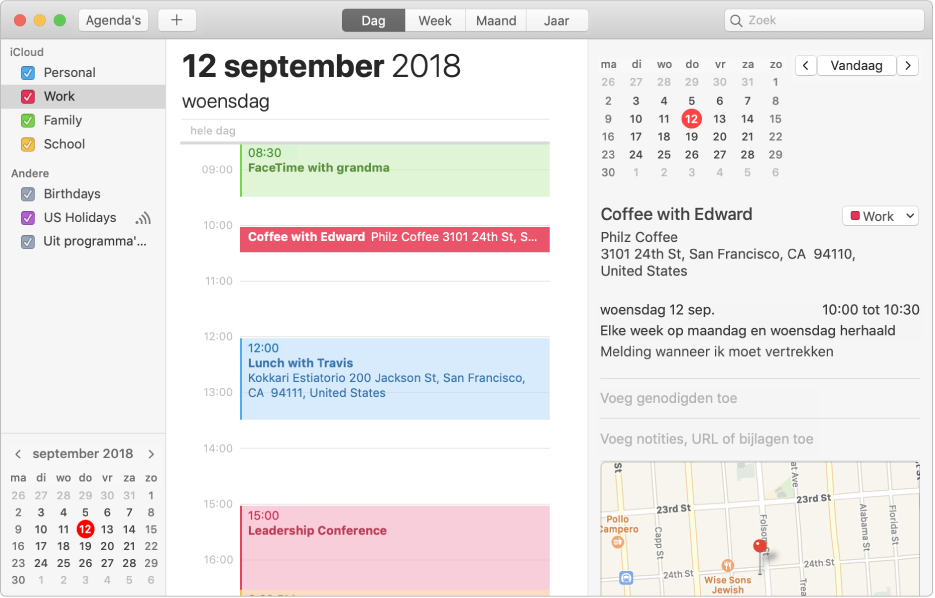 Een Agenda-venster in de dagweergave met een privé-, werk- en gezinsagenda in verschillende kleuren in de navigatiekolom onder de iCloud-account en een andere agenda onder de Exchange-account.
