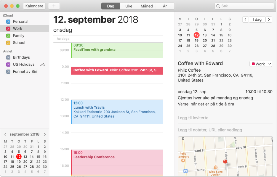 Et Kalender-vindu i dagsvisning viser fargekodede personlige kalendere, jobbkalendere og familiekalendere i sidepanelet under iCloud-kontooverskriften og en annen kalender under Exchange-kontooverskriften.