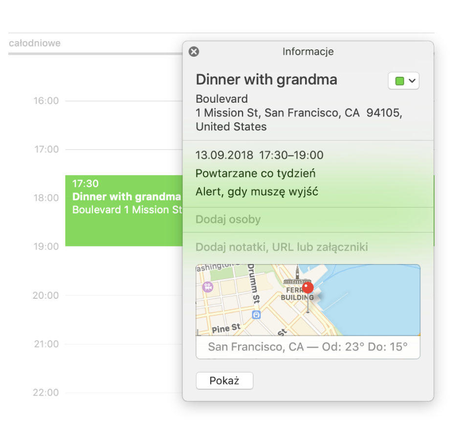 Okno informacji o wydarzeniu, zawierające nazwę miejsca oraz adres, a także małą mapę.