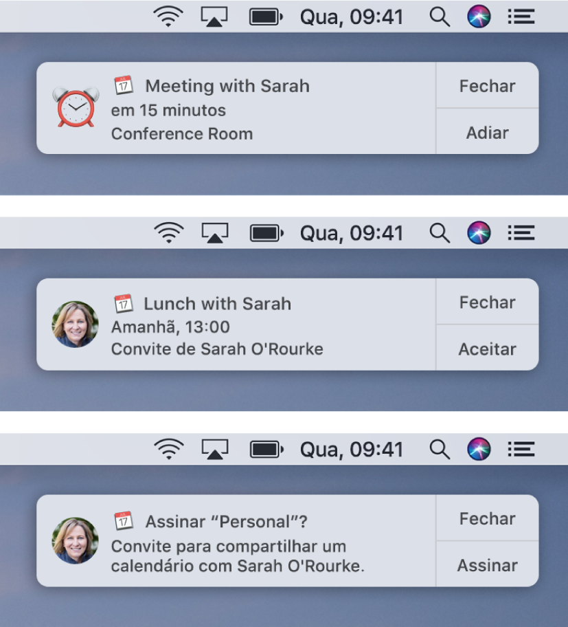Os alertas de notificação para convites do Calendário têm botões à direita: Fechar e Aceitar ou Fechar e Visualizar para um evento, e Fechar e Unir para um calendário compartilhado