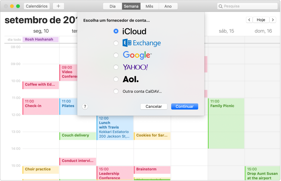 Uma janela do Calendário com o painel “Adicionar conta”