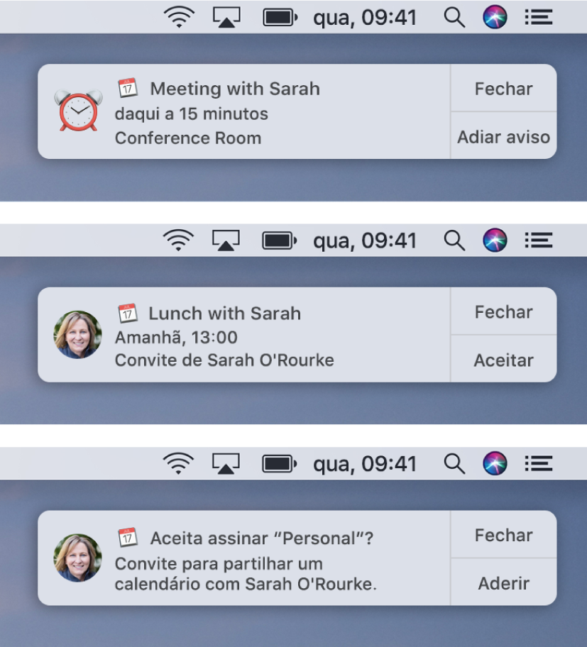 Avisos de notificação de convites do Calendário com botões à direita: Fechar e Aceitar, ou Fechar e Ver, para um evento; Fechar e Aderir para um calendário partilhado.