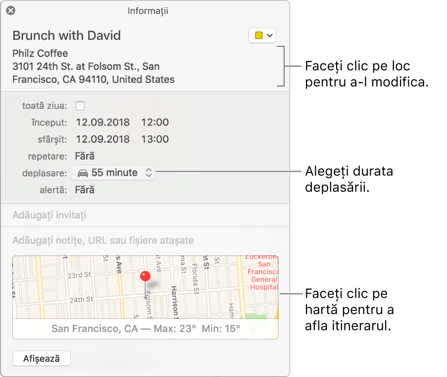 Fereastră de informații pentru un eveniment, având cursorul deasupra meniului pop-up Deplasare. Alegeți o durată de deplasare din meniul pop-up. Faceți clic pe locație pentru a o modifica. Faceți clic pe hartă pentru a afla itinerarul