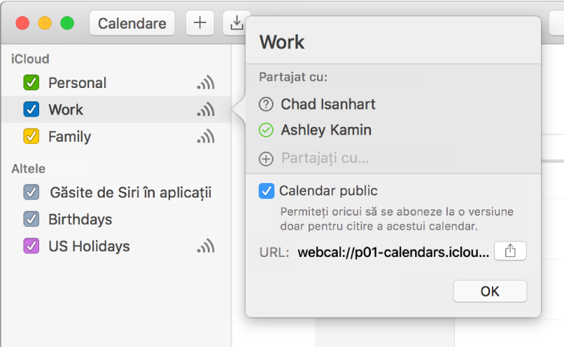 Fereastră Configurări partajare cu două persoane invitate să partajeze și cu opțiunea Calendar public selectată
