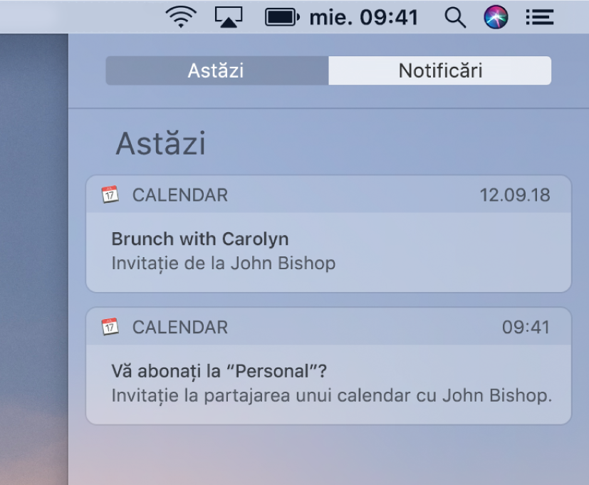 Notificare privind un eveniment din calendar și alta privind un calendar partajat în centrul de notificări